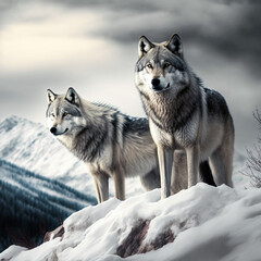Obraz premium Wolves on top of a snowy mountain. Generative AI.