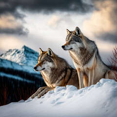 Wolves on top of a snowy mountain. Generative AI.