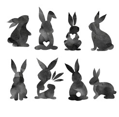 A set of sweet Happy Rabbit watercolor illustrations. Watercolor silhouette of a rabbit. © Мария