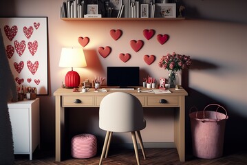 Valentines day decorated home office desk with a lot of hearts created with Generative AI technology