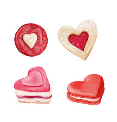 Fototapeta na wymiar Watercolor Valentines Day sweets set. Cupcake, cake pops, Pink sweets, Heart Cookie, Red hot chocolate mug, brownie, Love Wedding graphic