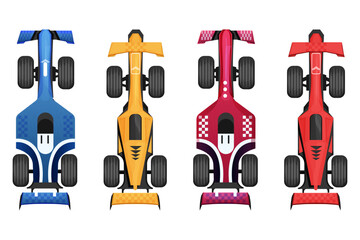 Race car top view in cartoon style transport with shadows and light isolated on white background. Modern urban civilian vehicle. 