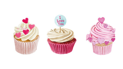 Hand drawn watercolor cupcakes isolated on white background.Romantic cakes