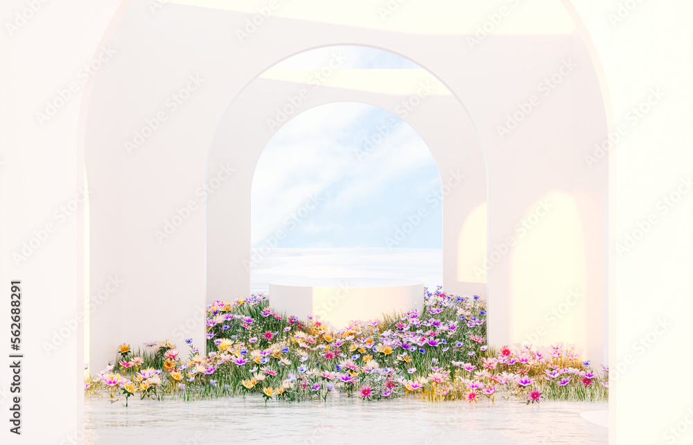 Poster spring floral installation scene with geometric arch form. 3d rendering.