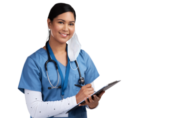 A doctor wearing a stethoscope and making notes on a clipboard Isolated on a PNG background.