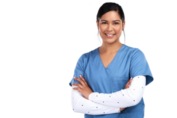 Portrait of a beautiful young doctor standing with arms folded Isolated on a PNG background.