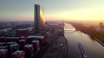Frankfurt am Main at a frost morning in winter aerial 