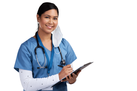 A doctor wearing a stethoscope and making notes on a clipboard Isolated on a PNG background.
