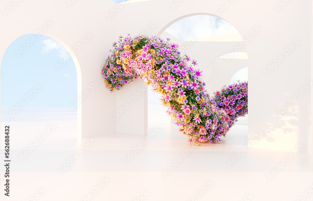 Poster spring floral installation scene with geometric arch form. 3d rendering.