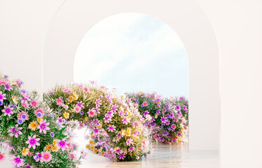 Spring floral installation scene with geometric arch form. 3d rendering.