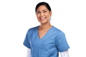 Portrait of a young beautiful doctor in scrubs Isolated on a PNG background.