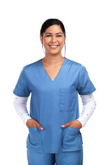 Portrait of a young doctor standing with her hands tucked into her scrubs Isolated on a PNG...