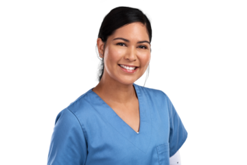 Portrait of a young beautiful doctor in scrubs against Isolated on a PNG background.