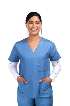 Portrait of a young doctor standing with her hands tucked into her scrubs Isolated on a PNG background.