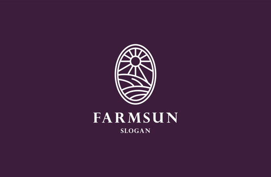 farm sun icon template. Linear organic farming symbol illustration with field, sun, rays. Natural food logo