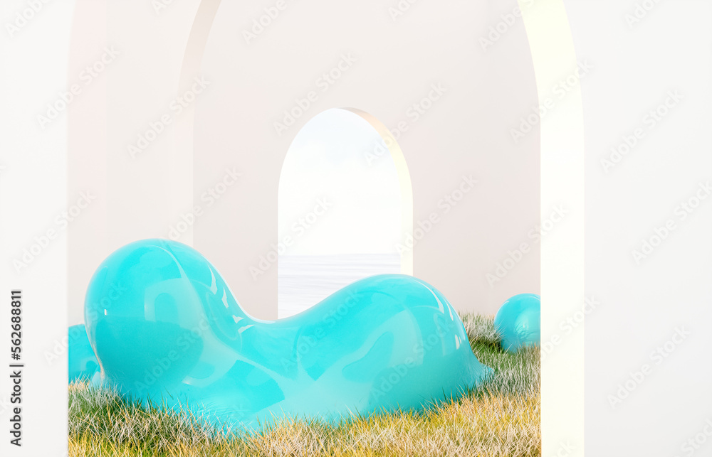Poster spring summer landscape scene with colorful 3d geometric liquid form installation.