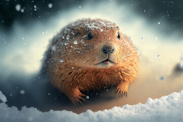 Obraz premium Happy Groundhog Day. Groundhog emerges from a snowy hole after hibernation. Generative AI illustration