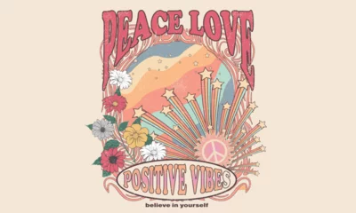 Fotobehang Motiverende quotes Flower and butterfly artwork design. Peace love party. Positive vibes.