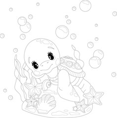 Cartoon turtle with bubbles under water sketch template. Vector illustration in black and white for games, background, pattern, decor. Coloring paper, page, story book, print