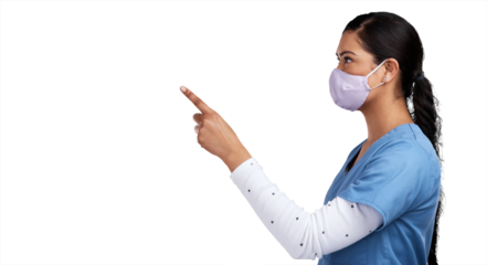 Side shot of a young doctor wearing a surgical face mask and pointing to her right Isolated on a PNG background.