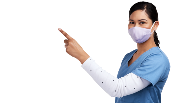 Portrait of a young doctor wearing a surgical face mask and pointing to her right Isolated on a PNG background.