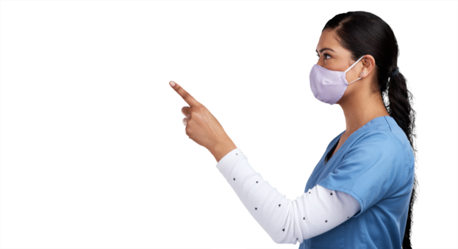 Side shot of a young doctor wearing a surgical face mask and pointing to her right Isolated on a PNG background. - Powered by Adobe