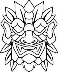 Illustration of Tiki tribal wooden mask. Design element for logo, emblem, sign, poster, card, banner. Vector illustration