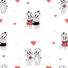 Love seamless pattern. Cute romantic bears on white background with hearts. Vector illustration in doodle style. Endless background for valentines, wallpapers, packaging, print.