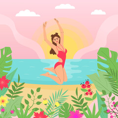 Obraz na płótnie Canvas Beautiful girl in a swimsuit jumping on the beach. Summer exotic seascape. Tropical flowers and plants around.