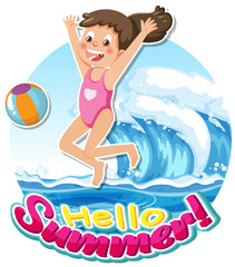 Hello summer word with kid character