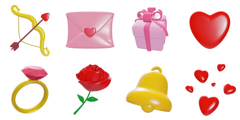 3d rendering. Valentine's icon set on a white background.bow,letter,gift box,heart,ring,rose,bell