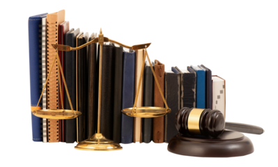 Hammer judge,law books and scales on transparent background.