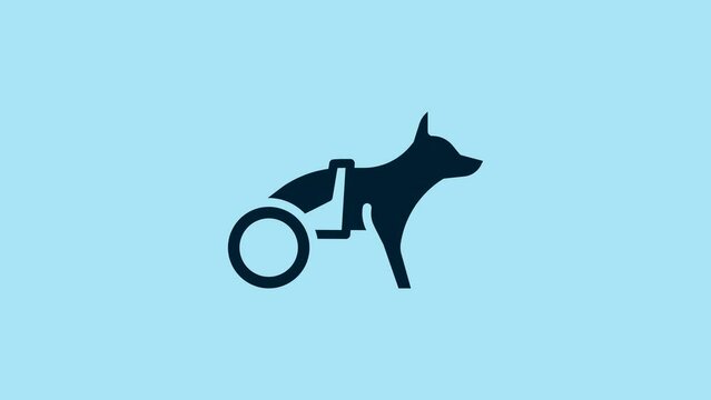 Blue Paralyzed dog in wheelchair icon isolated on blue background. 4K Video motion graphic animation