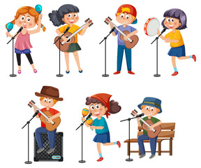 Set of different kids playing music