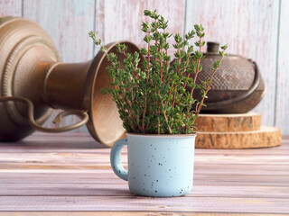 Twigs of green thyme bunch in a small ceramic mug and copper utensils