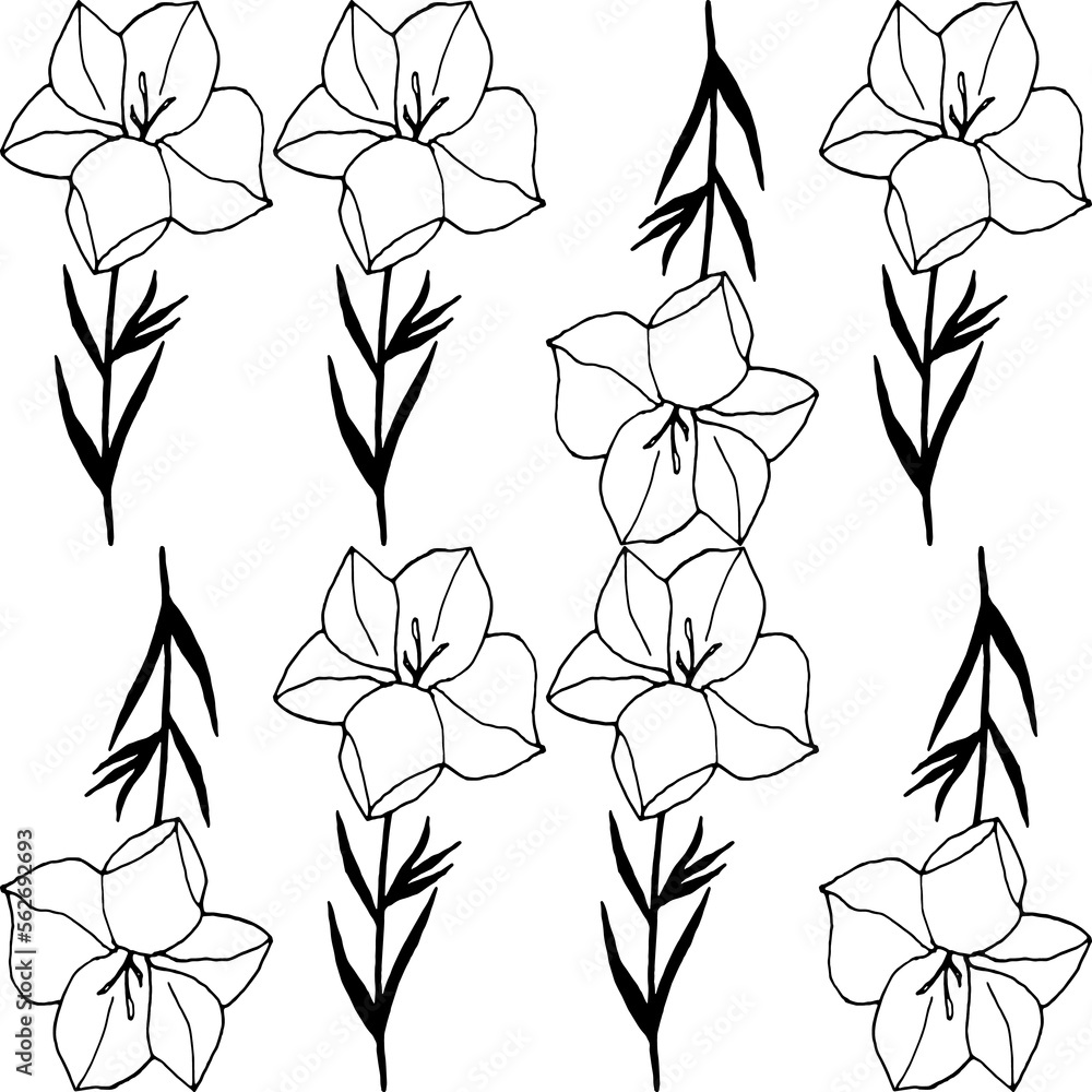 Poster Abstract flower elements vector seamless pattern. Simple repeat in black on white background.