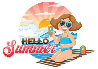 Naklejka premium Hello summer word with kid character