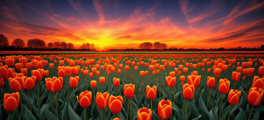 Tulip Field with Sunset generative AI