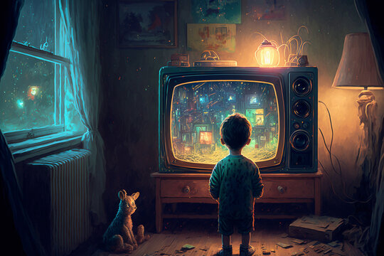 A Small Child Standing Alone In Front Of The TV - AI Generative Technology