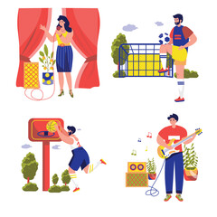 People do their favorite hobby set concept with people scene in the flat cartoon design. Boys and girls engaged their favorite leisure activities. Vector illustration.