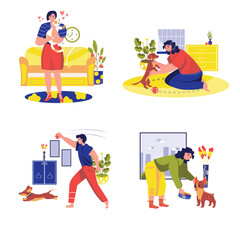 Pets with their owners set concept with people scene in the flat cartoon style. People spend a lot of time with their pets. Vector illustration.
