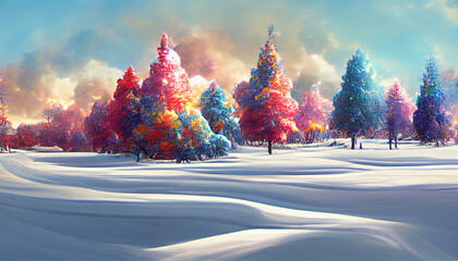 Magical winter landscape scene with colorful trees