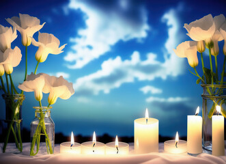 Candle Arrangement  and  White Flowers with Sunset Sky generative AI