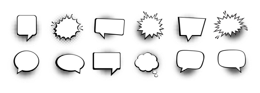 Retro comic speech bubbles with black halftone shadows. Vintage design pop art style and empty vector design.