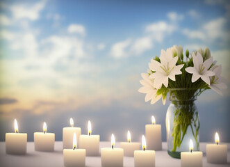 Candle Arrangement and White Flowers with Sunset Sky generative AI