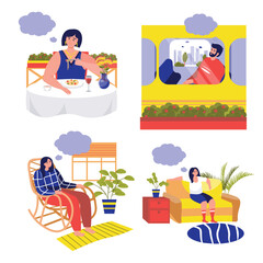 Dreaming people set concept with people scene in the flat cartoon design. People dream of something good. Vector illustration.
