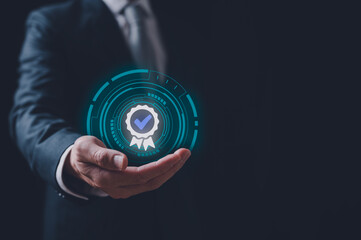 Hand shows the sign of the top service concept of customer service satisfaction, Quality assurance, Guarantee, Standards, ISO certification and standardization