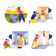 Men and women work as photographers set concept with people scene in the flat cartoon style. Photographers work on creating beautiful images. Vector illustration.