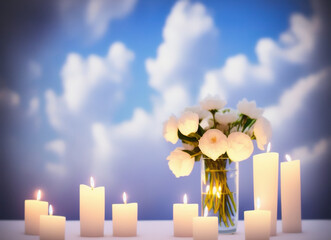 Candle Arrangement  and  White Flowers with Sunset Sky generative AI