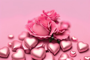 Fototapeta na wymiar Valentine's Day Greeting Background in Pink with hearts, flowers, decor, and text copy, Generated AI